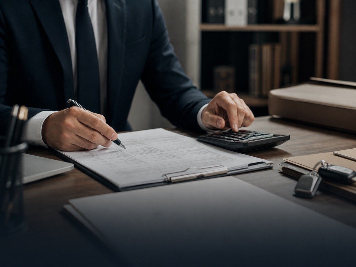 Advogado analisando contrato e cálculos de financiamento